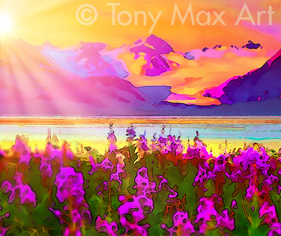 "Alsaks Fireweed 1 – Horizontal" – northern landscape painter Tony Max