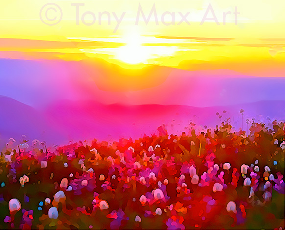 "Alpine Wildflower Meadow" – mountain art by painter Tony Max