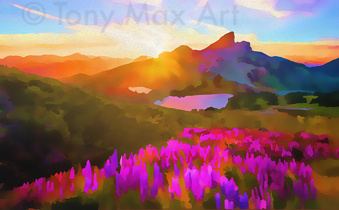 "Black Tusk With Lupines" – British Columbia art by Tony Max