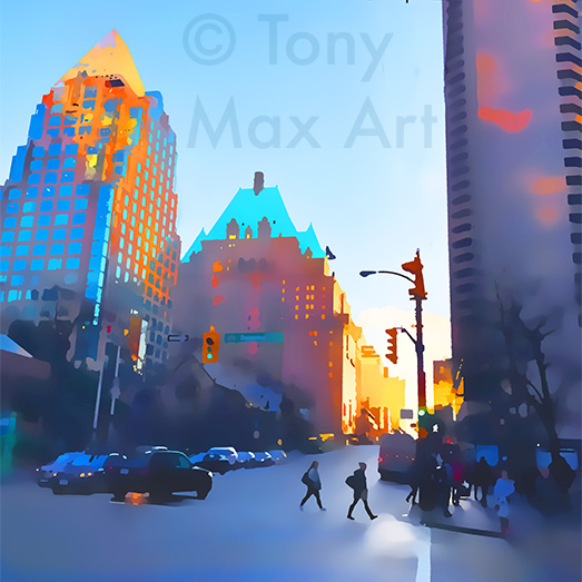 "Burrard and Dunsmuir Sunset – Square" - Vancouver art prints by Canadian artist Tony Max