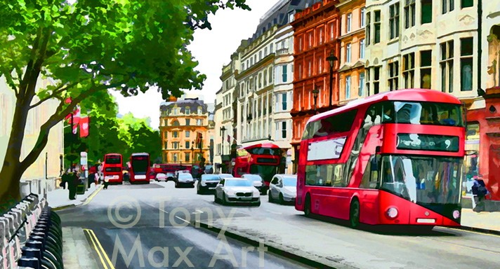 "Cockspur Street With Red Buses – London art by Tony Max