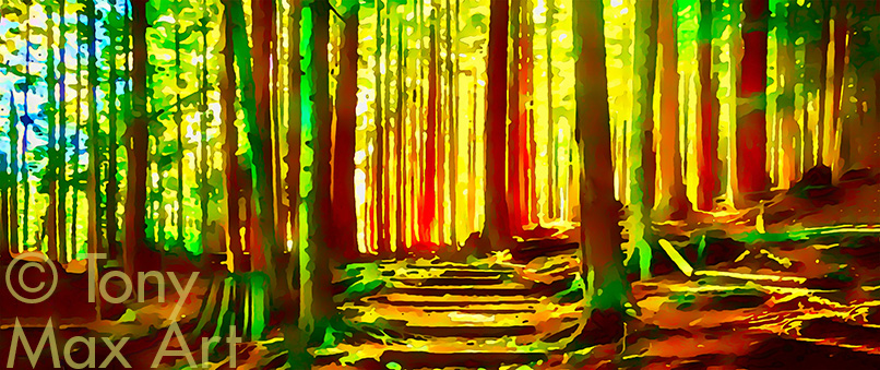 "Colorful Wooded Trail  – Panorama" – Canadian nature art by artist Tony Max