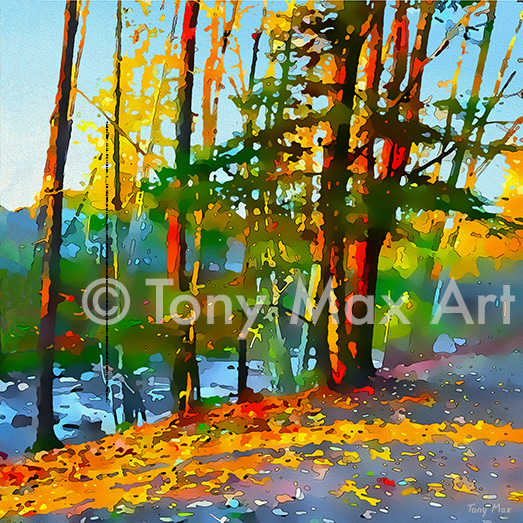 "Creekside Trees – Square" – B. C. coastal art by painter Tony Max