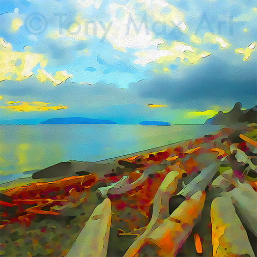 "Driftwood Beach – Cloud Break Square" – B. C. coastal art by artist Tony Max