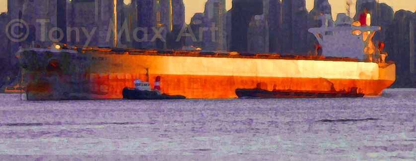 Freighter and Tug - Vancouver Art Prints by artist Tony Max