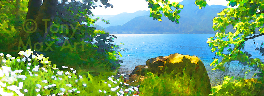 "Crescent Lake" - Pacific Northwest art prints by renowned artist Tony Max