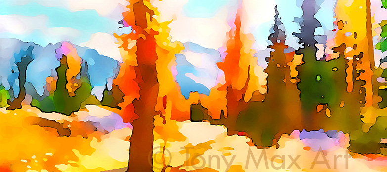 "Larches in Fall – Panorama" - British Columbia landscape art by artist Tony Max