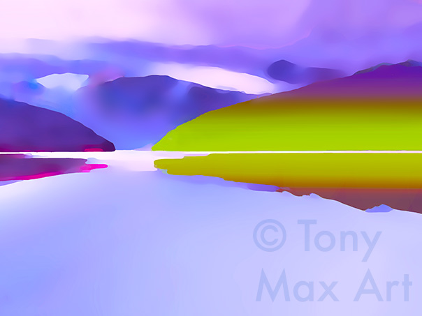 "Lone Tree – Calm Inlet – Simple".  Canadian nature art by artist Tony Max