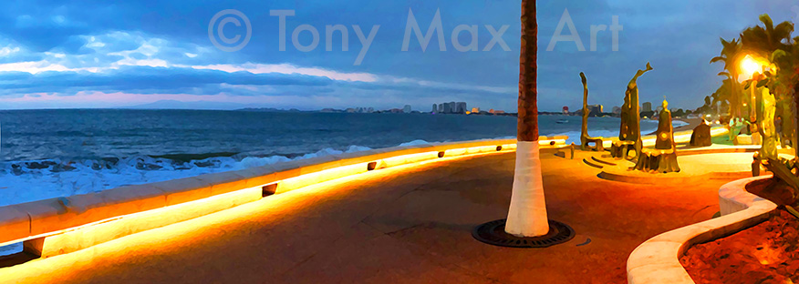 "Malecon Statues – Evening Glow (Panorama) – Mexico art by artist Tony Max