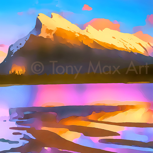 "Mount Rundle and Vermillion Lake – Square" – Alberta art by artist Tony Max