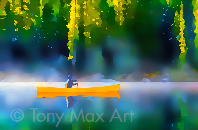 "Orange Canoe" – Canoeing art by painter Tony Max