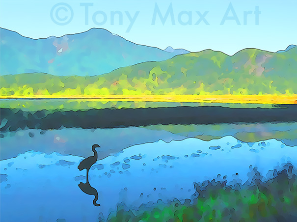 "PItt Ecological Reserve – Heron – Short" – B. C. Fraser Valley art by artist Tony Max