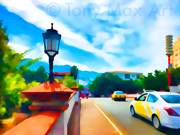"Puerto Vallarta Bridge With Taxis" –  Mexico fine art prints by artist Tony Max