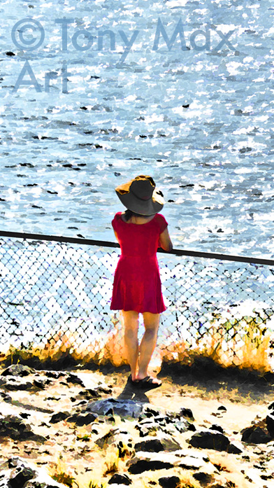 "Red Dress, Sun Hat ªWhytecliff" people art prints by artist Tony Max