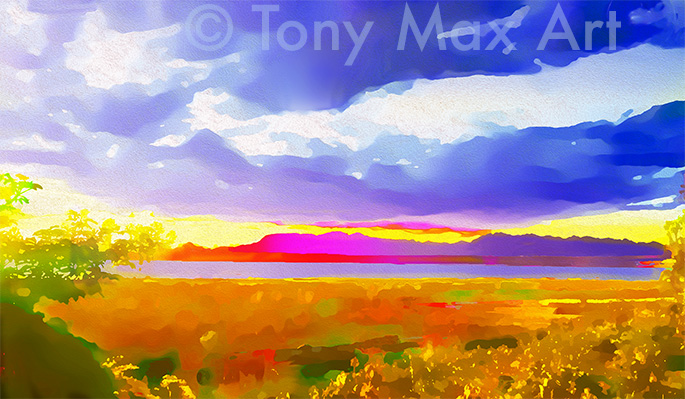 "Richmond – Vivid Sunset Panorama" – fine art of British Columbia by artist Tony Max