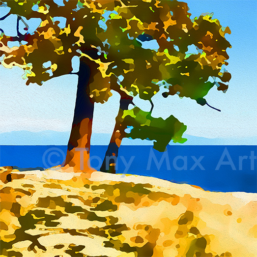 "Shore Trees – Overview Square" – British Columbia coastal art by painter Tony Max