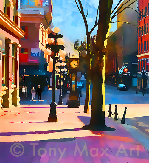 "Steam Clock – Afternoon Light" – Vancouver art by Tony Max