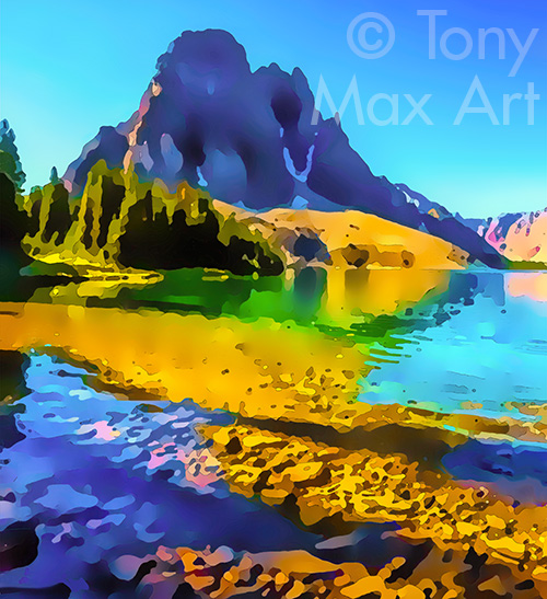 "Sunburst Peaks and Lake" – B. C. Rocky Mountains art by fine artist:Tony Max