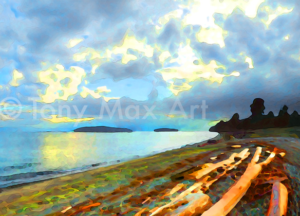 Sunlit Driftwood Panorama (Short) –  Canadian marine art by artist Tony Max
