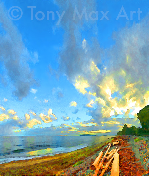Sunlit Driftwood – Sky Focus – BC coast art prints by Tony Max