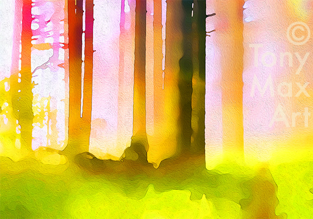 "Sunny Forest Trail – Simple" – British Columbia art by artist Tony Max