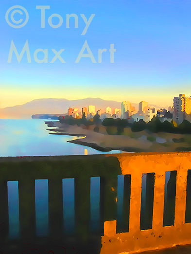 "Sunrise From Burrard Bridge – Vertical" - Vancouver visual art by Tony Max