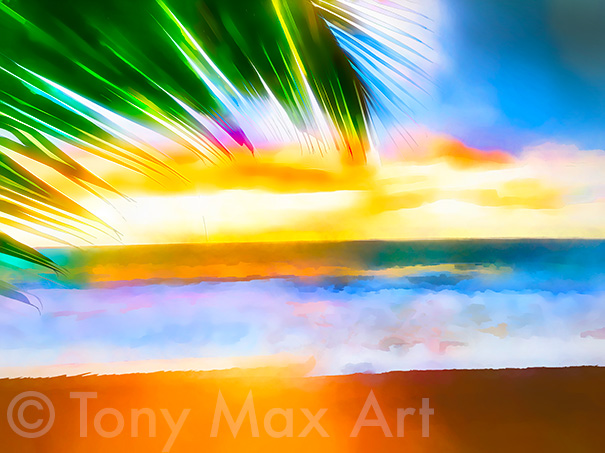 "Tropical Beach With Palm Fronds" –  Mexico visual art prints by artist Tony Max