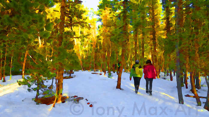 Two Women – Snowy Woods Trail - art prints of BC by artist Tony Max
