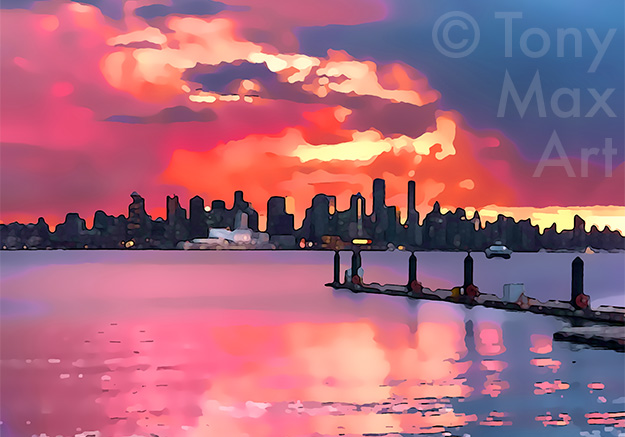 "Vancouver Magenta Sunset" – Vancouver art prints by artist Tony Max