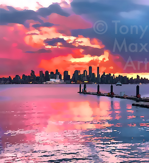 "Vancouver Skyine Sunset" – Vancouver art prints by artist Tony Max