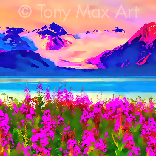 "Alaska-Fireweed-1-Square" – Alaska paintings by artist Tony Max
