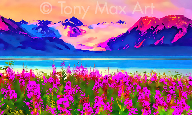 "Alaska Fireweed 1 – Panorama" - Alaska art prints by artist Tony Max