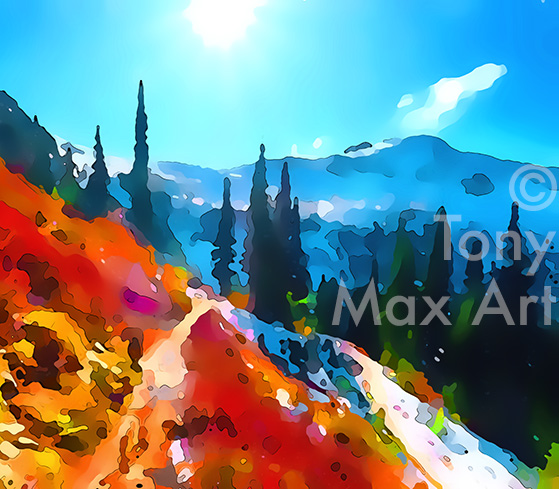 "Alpine Trail in Fall – Short" – mountain art by painter Tony Max