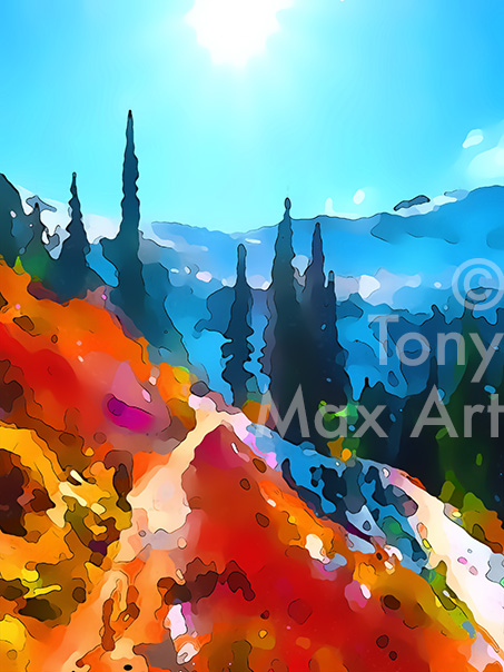 "Alpine Trail in Fall – Tall" –  British Columbia art prints by artist Tony Max