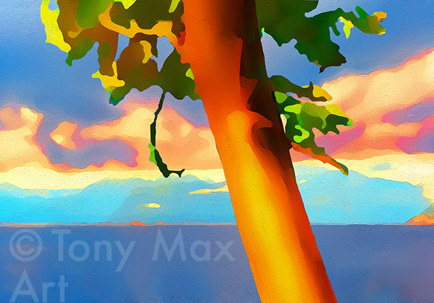 "Howe Sound From Porteau Cove With Arbutus" – art of British Columbia by painter Tony Max