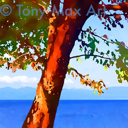 "Arbutus Red, Pacific Blue – Square" – paintings by artist Tony Max