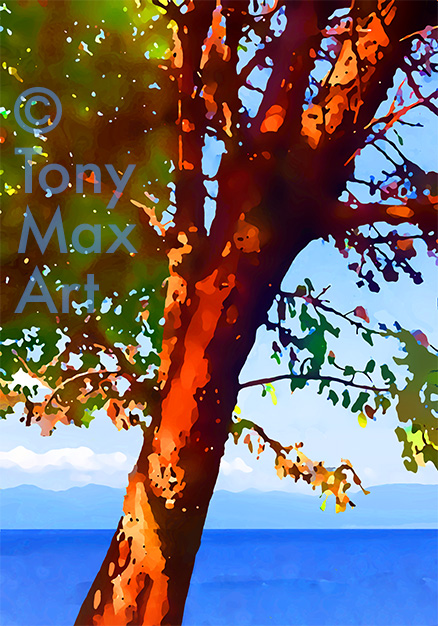"Arbutus Red, Pacific Blue – Tall" – Arbutus paintings by painter Tony Max
