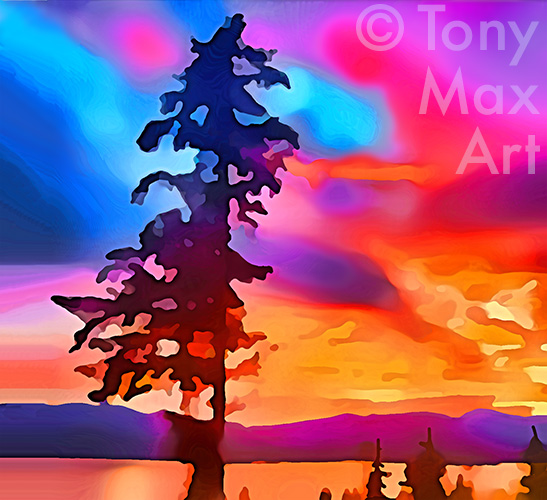 "Backlit Tree and Blazing Sky"  - B. C. art prints by art legend Tony Max