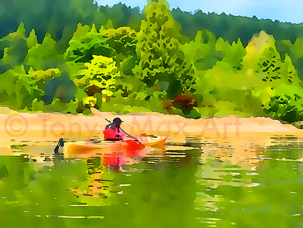 "Beach Kayaking 2" –  British Columbia kayaking art prints by painter Tony Max