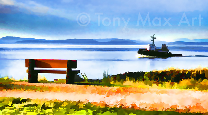 "Bench and Tug" – Steveston art by artist Tony Max
