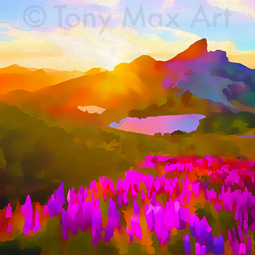 "Black Tusk – Backlit With Lupines – Square" – British Columbia landscape art by artist Tony Max