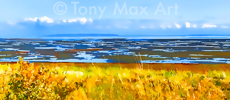 "Boundary Bay – Gold – Detailed Panroama" – contemporary art of western Canada by artist Tony Max
