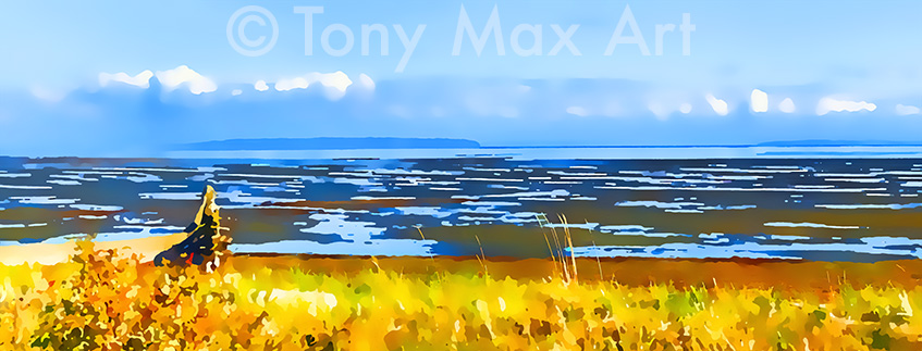 "Boundary Bay – Gold and Log – Panorama Extreme" - Delta, B. C. art prints by printmaker Tony Max