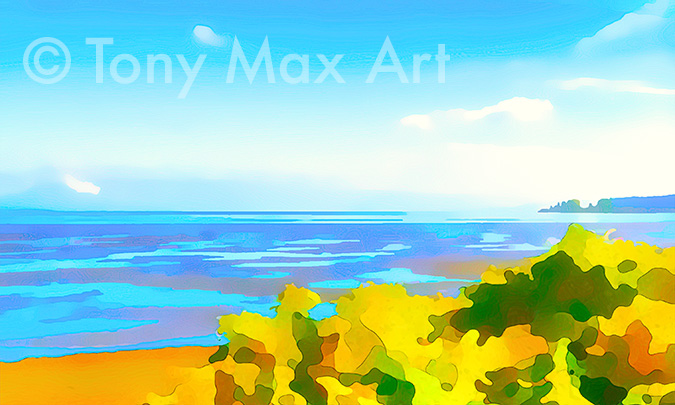 "Boundary Bay With Bushes – Panorama"  - Delta, British Columbia paintings by artist Tony Max