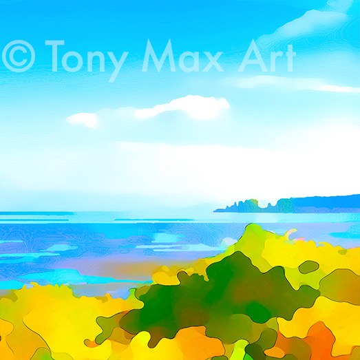 "Boundary Bay With Bushes – Square Simple" - Delta, British Columbia art prints by Canadian artist Tony Max