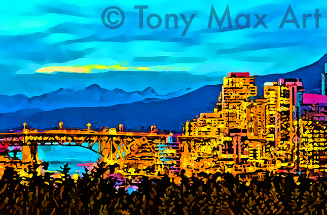 "Burrard Bridge &ndash; Twilight Gold" &ndash; Vancouver paintings by Canadian artist Tony Max