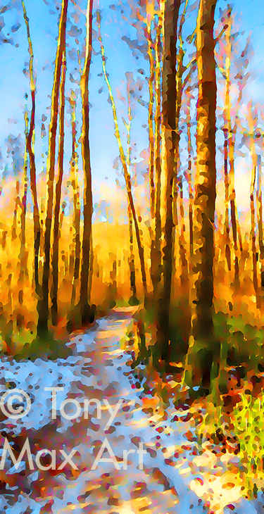 "Canadian Winter Trail – Tall" - Classic Canadian landscape art by artist Tony Max