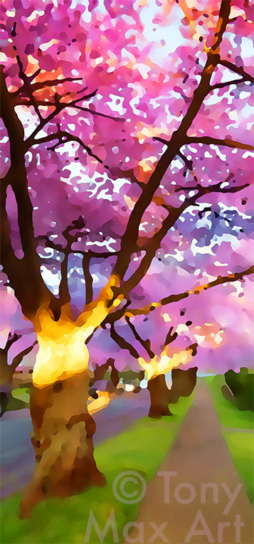 "Cherry Glow – Vertical" –  Cherry trees art by painter by Tony Max