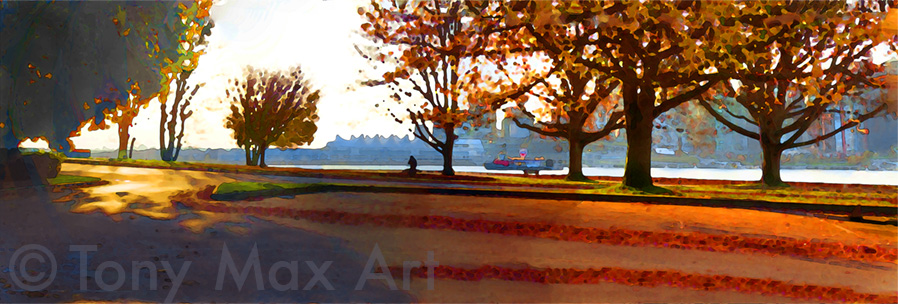 "Coal Harbour – Orange Autumn – Extended"  - Stanley Park art prints by Tony Max