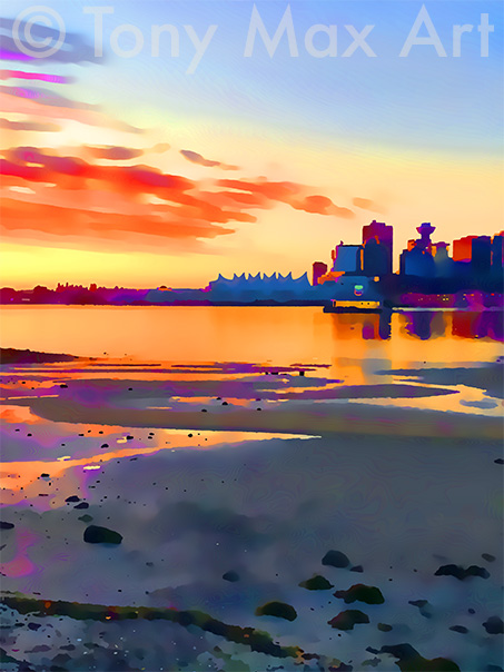 "Coal Harbour – Low Tide Sunrise - Vertical"  - Vancouver paintings by artist Tony Max